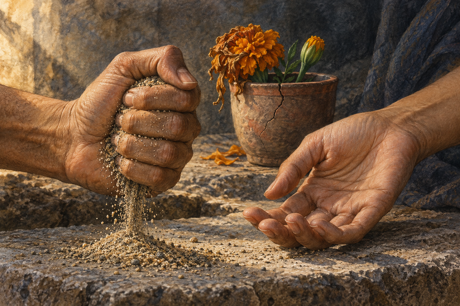 One hand tightly grips sand that slips through the fingers while an open hand rests beside a cracked clay cup, a fading marigold, and a fresh bud.