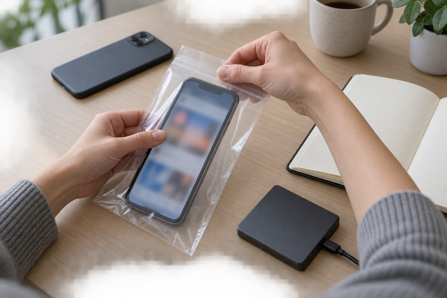 Hands place a smartphone with a blurred screen into an evidence pouch beside a blank notebook, while a second phone remains face down.