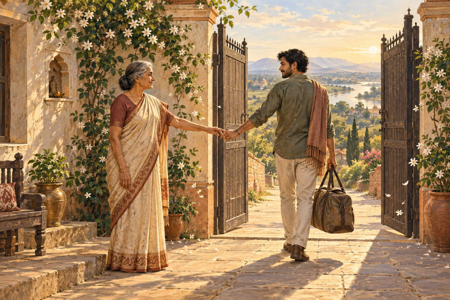 Two family members touch fingertips in a sunlit courtyard as one prepares to leave through an open gate with a travel bag.