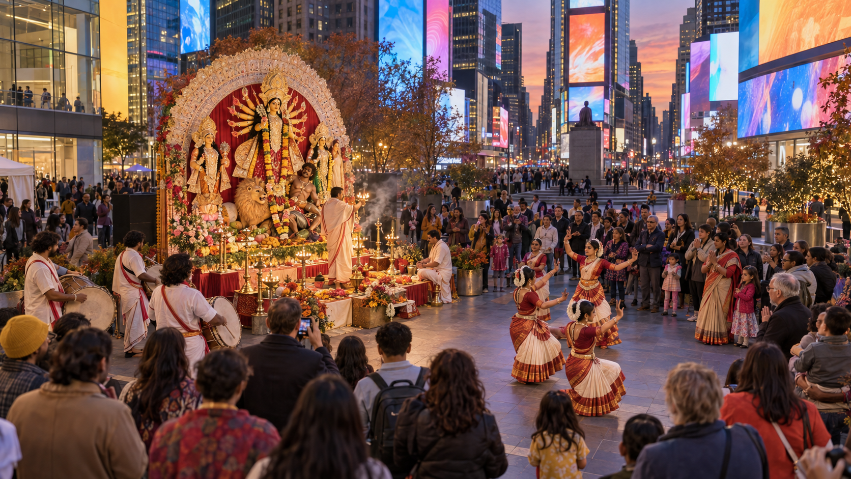 Worshippers, drummers, dancers, families, and onlookers gather around a Durga shrine in a brightly lit New York public plaza.