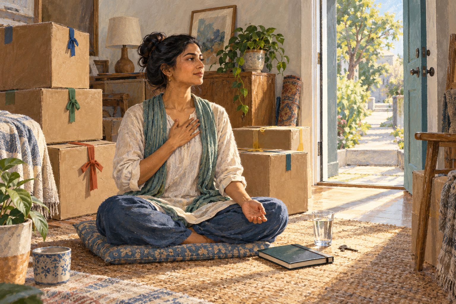 A woman pauses on a floor cushion beside packed moving boxes, a closed notebook, a key, a glass of water, and a potted plant in a sunlit room.