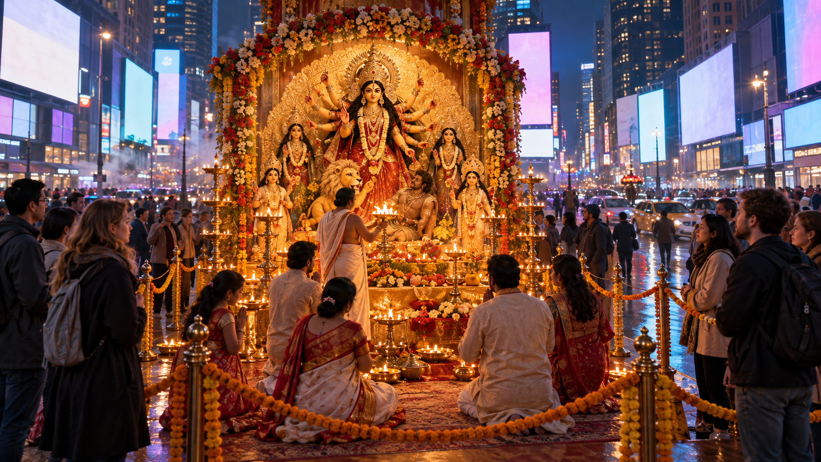 Devotees pray before a flower-covered Durga tableau while visitors observe from the surrounding neon-lit city square.