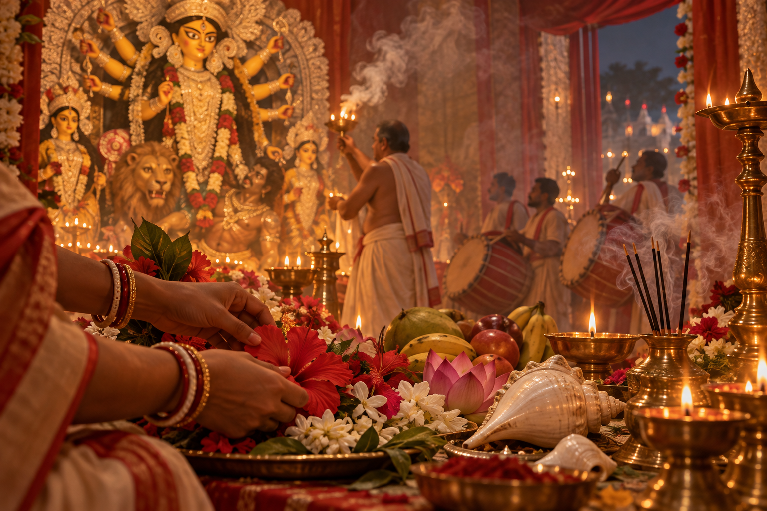 Hands place flowers and offerings beside brass lamps as a priest and drummers take part in worship before a Durga tableau.