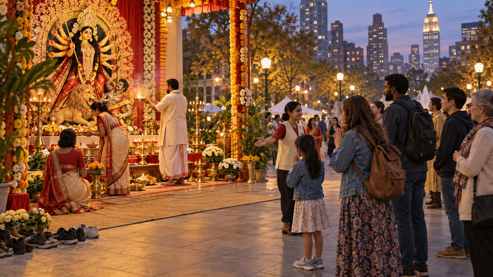 Visitors watch respectfully from the edge of a public Durga worship area while devotees make offerings and a volunteer guides the gathering.