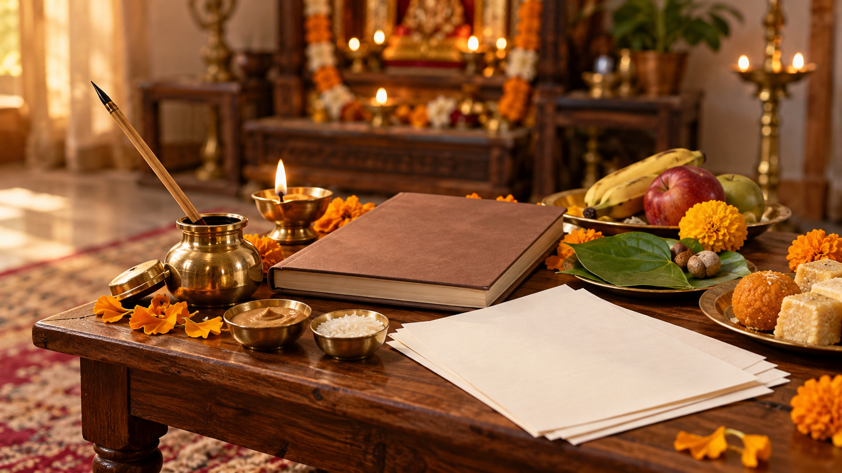 A brass inkpot, reed pen, unmarked ledger, diya, marigold petals, fruit, and sweets arranged for a household puja.