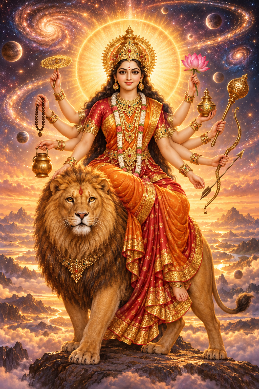 Devotional illustration of eight-armed Maa Kushmanda seated on a lion before a glowing sunlike halo and a cosmic background.