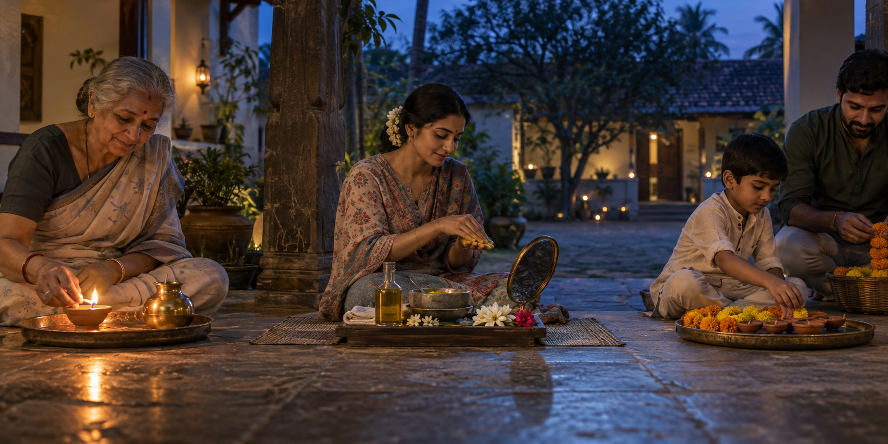 A multigenerational Indian family prepares separate trays with an oil lamp, bath items, flowers and clay lamps on a veranda at twilight.