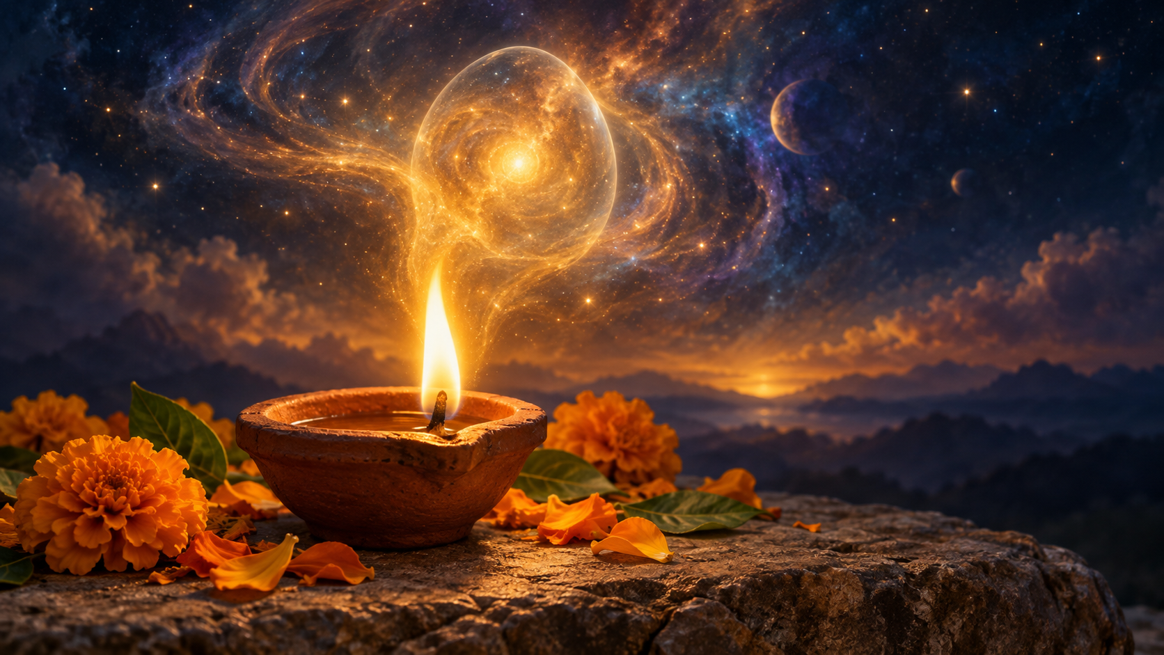 An earthen lamp surrounded by marigold petals, with its golden light forming a subtle cosmic orb against an indigo background.