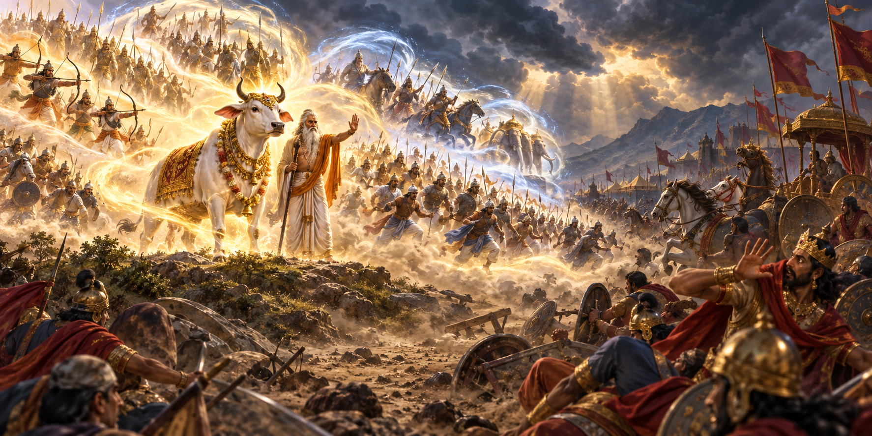 Radiant formations of warriors appear around Sabala as Visvamitra's royal army retreats in surprise.