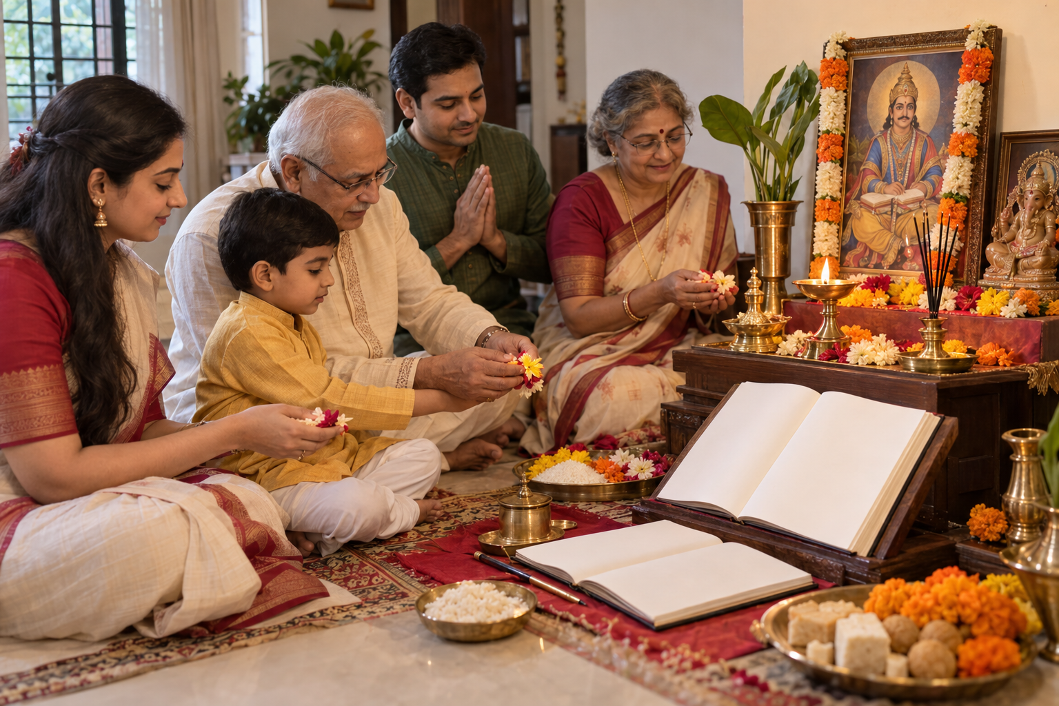 Three generations of a family perform puja beside a brass inkpot, pen, blank books, flowers, diya, rice, and sweets.