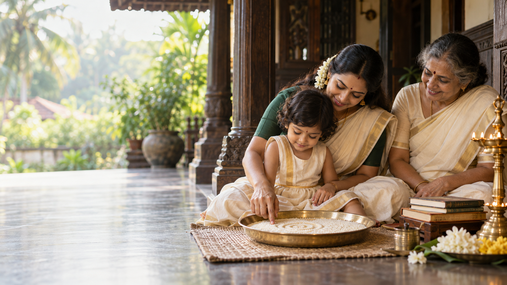 A parent guides a young child's finger through rice in a brass tray during a Vidyarambham ceremony at a Kerala home.