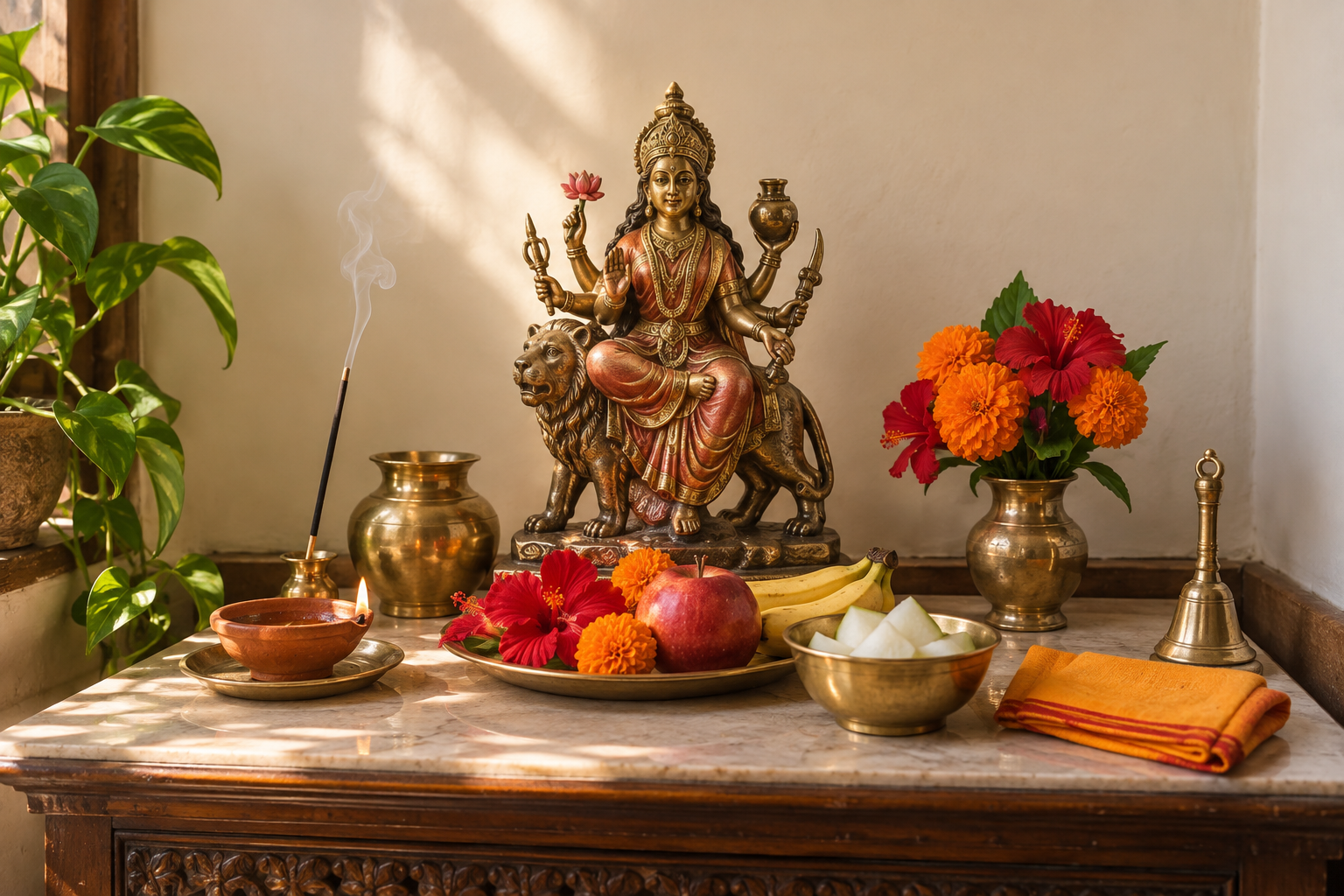 A simple home puja altar with a goddess murti, diya, incense, brass vessel, flowers, fruit and a bowl of ash gourd pieces.