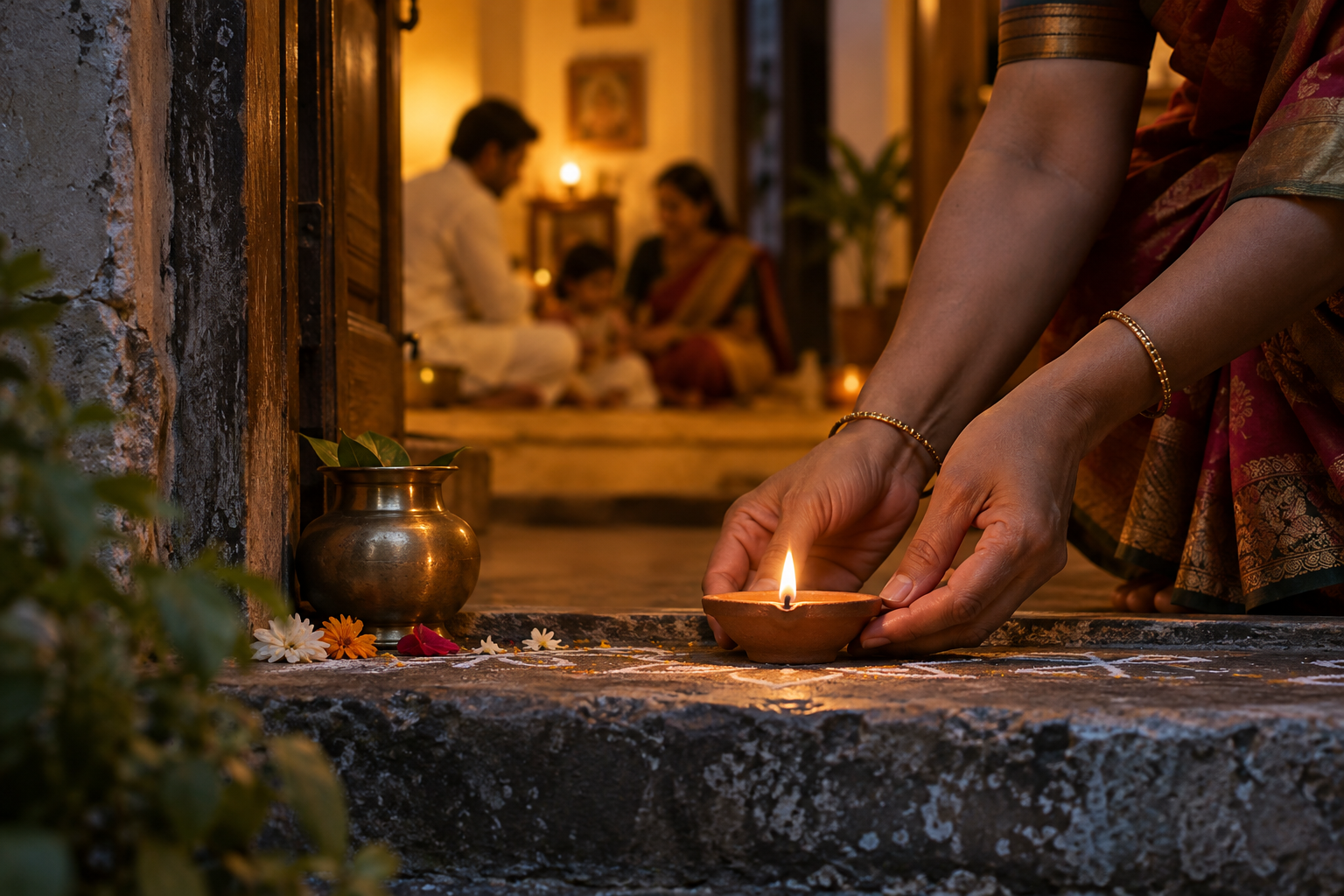 Hands place a single lit earthen lamp outside a decorated household threshold at dusk.