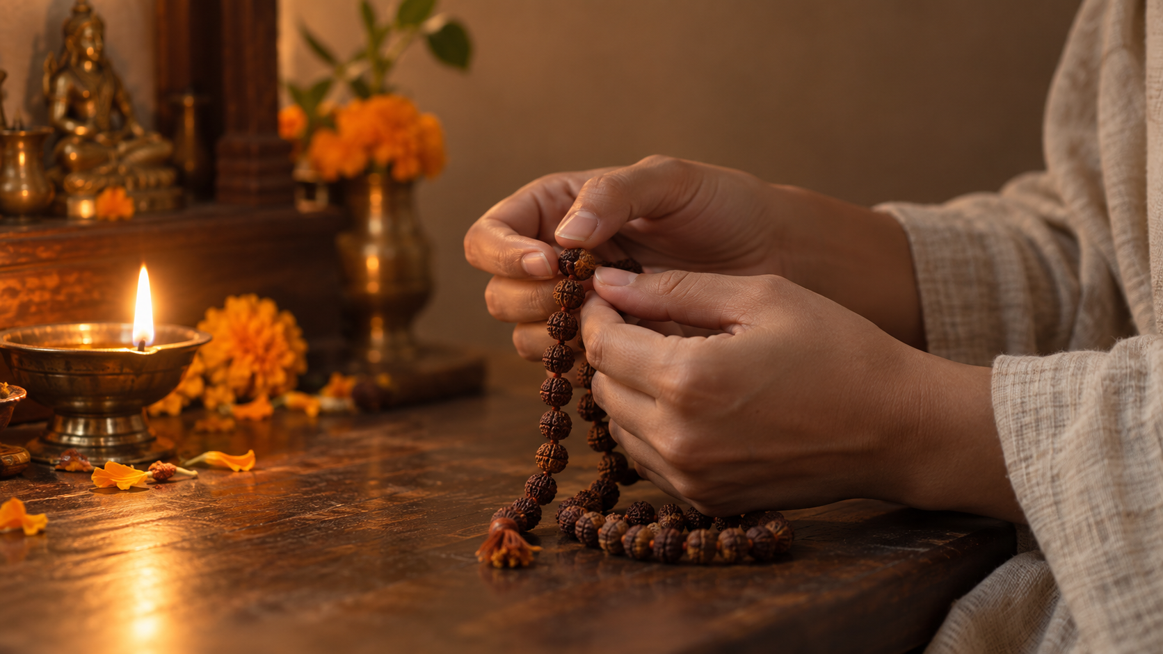 A worshipper's hands gently holding rudraksha prayer beads beside a glowing oil lamp and marigold petals.