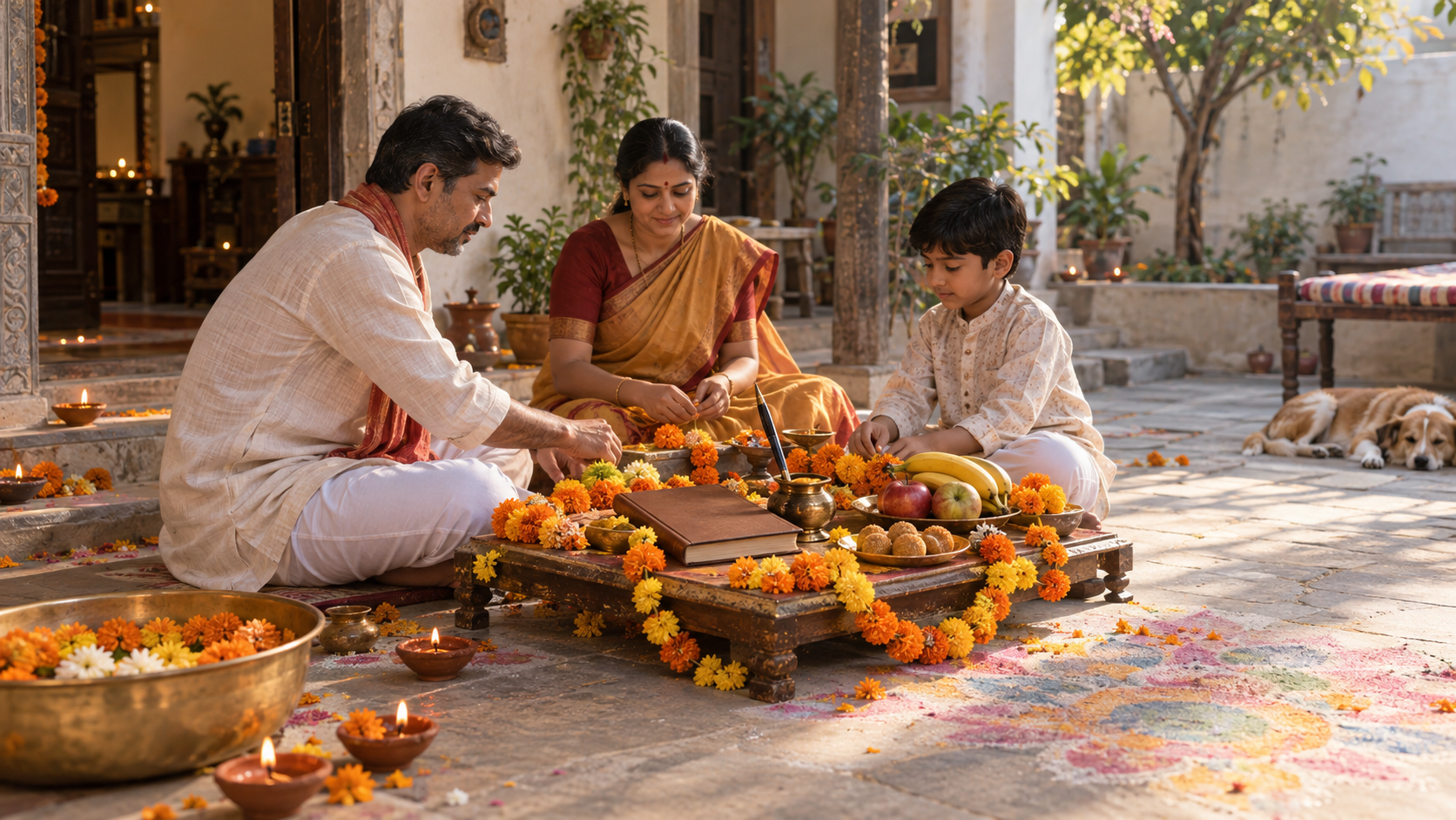 A family prepares an inkpot, pen, ledger, flowers, fruit, and sweets in a courtyard with clay lamps and rangoli.