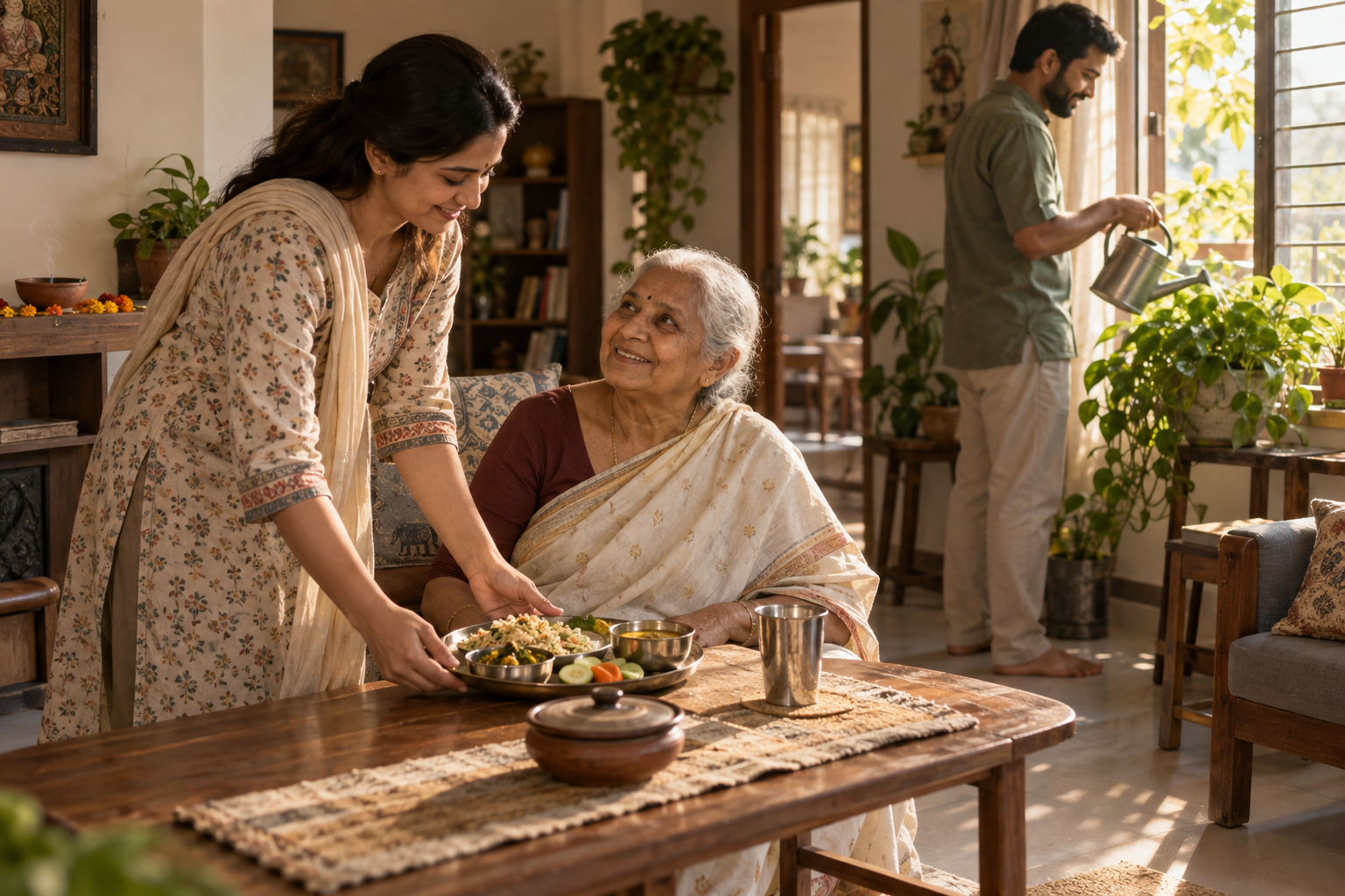 A person serves a vegetarian meal to an elderly family member while another person waters a plant in a sunlit home.