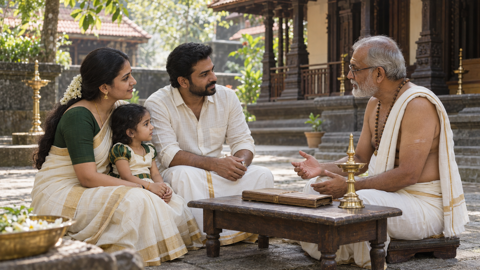 Parents and their young child speak with an elder ritual guide in a quiet Kerala courtyard.