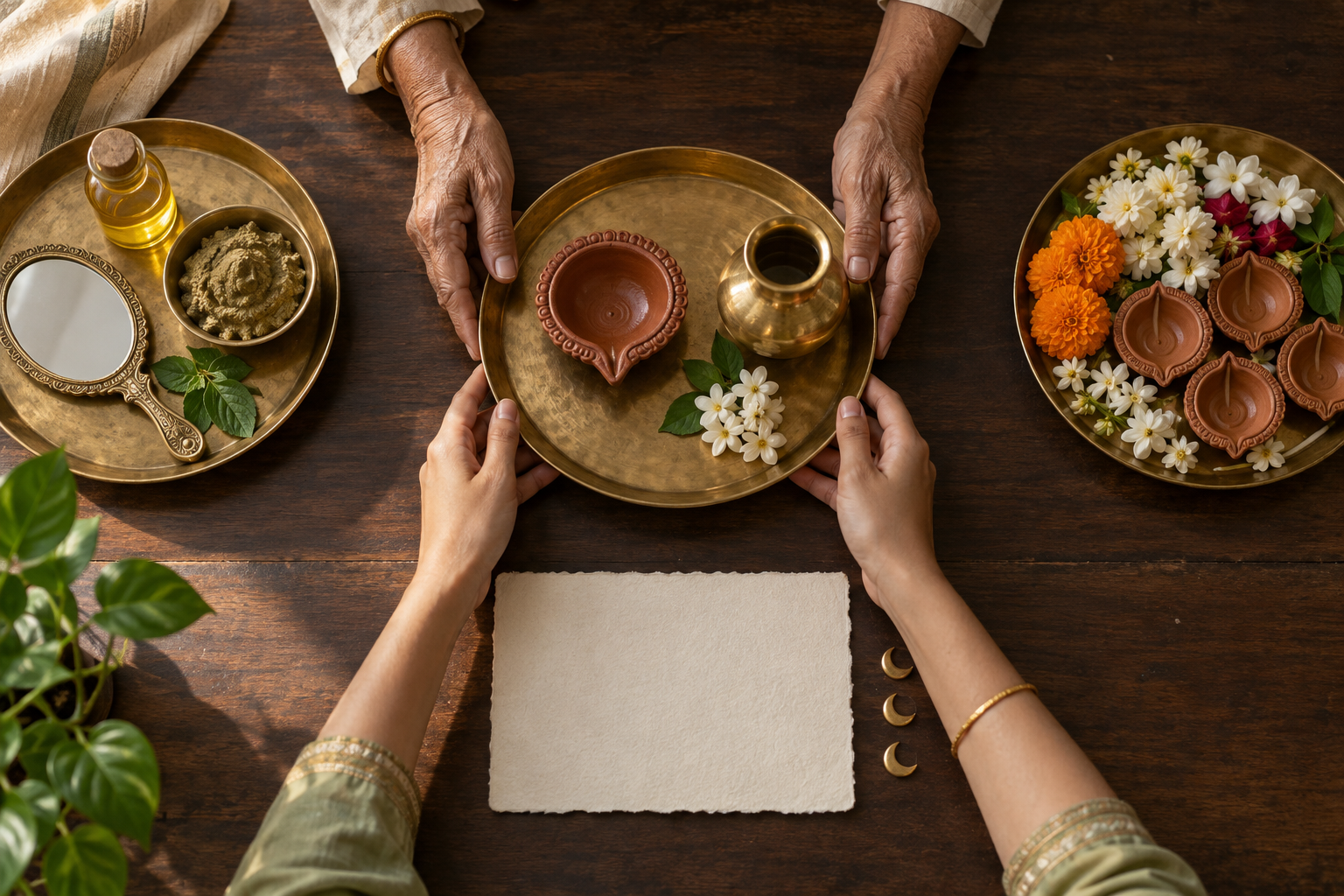 Two generations select one ritual tray from several separate options beside a blank planning board on a wooden table.