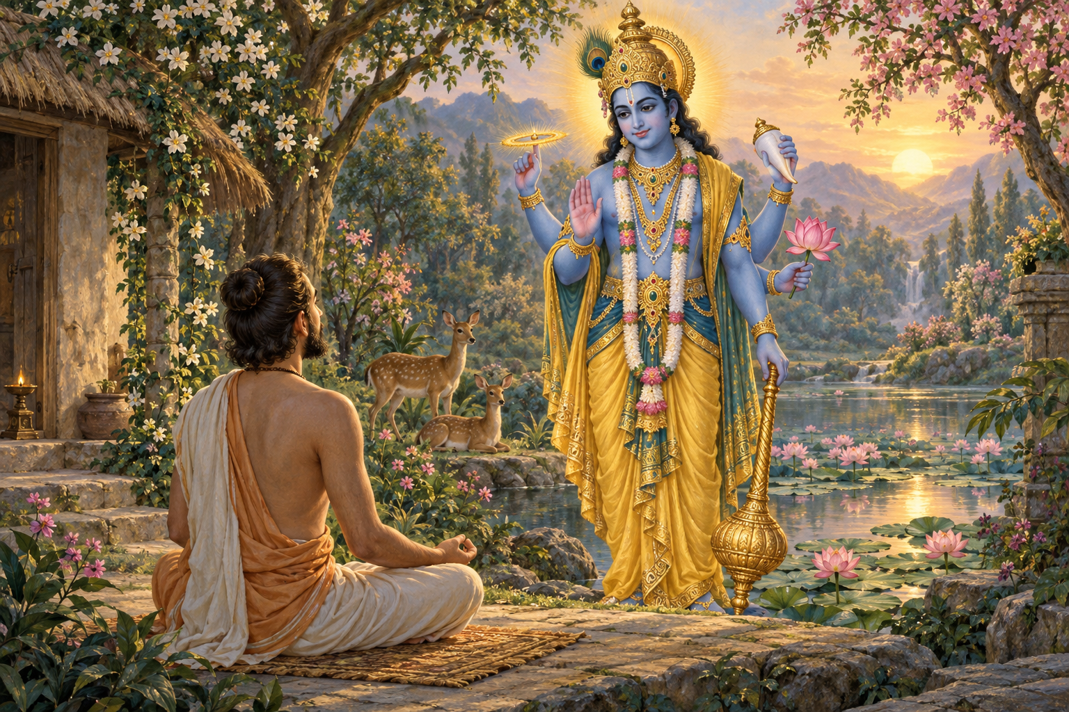 A seated practitioner meditates in a forest clearing before a compassionate four-armed form of Hari beside a lotus pond at sunrise.