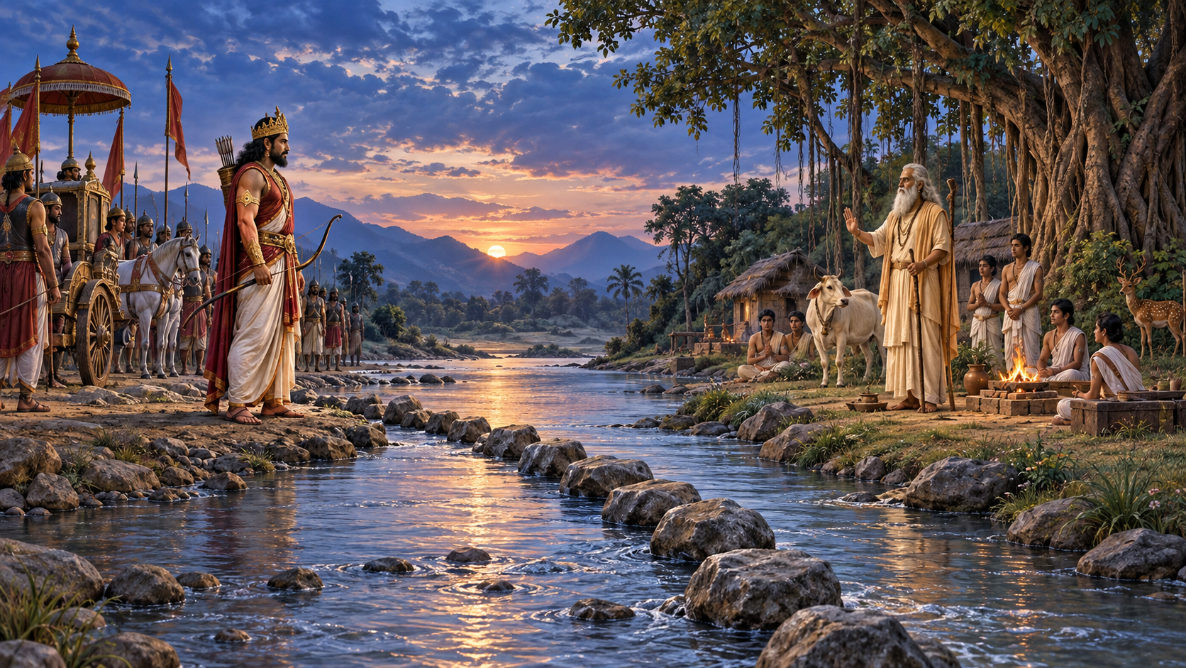 A river boundary separates Visvamitra and his royal retinue from Vasistha, Sabala, and the forest hermitage.