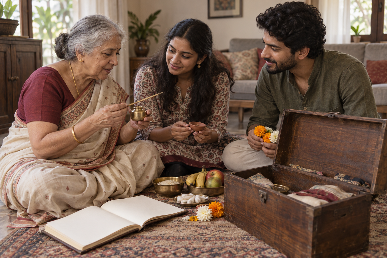 An older relative and two younger adults select an inkpot, pen, diya, rice, flowers, fruit, and a blank ledger for the puja.