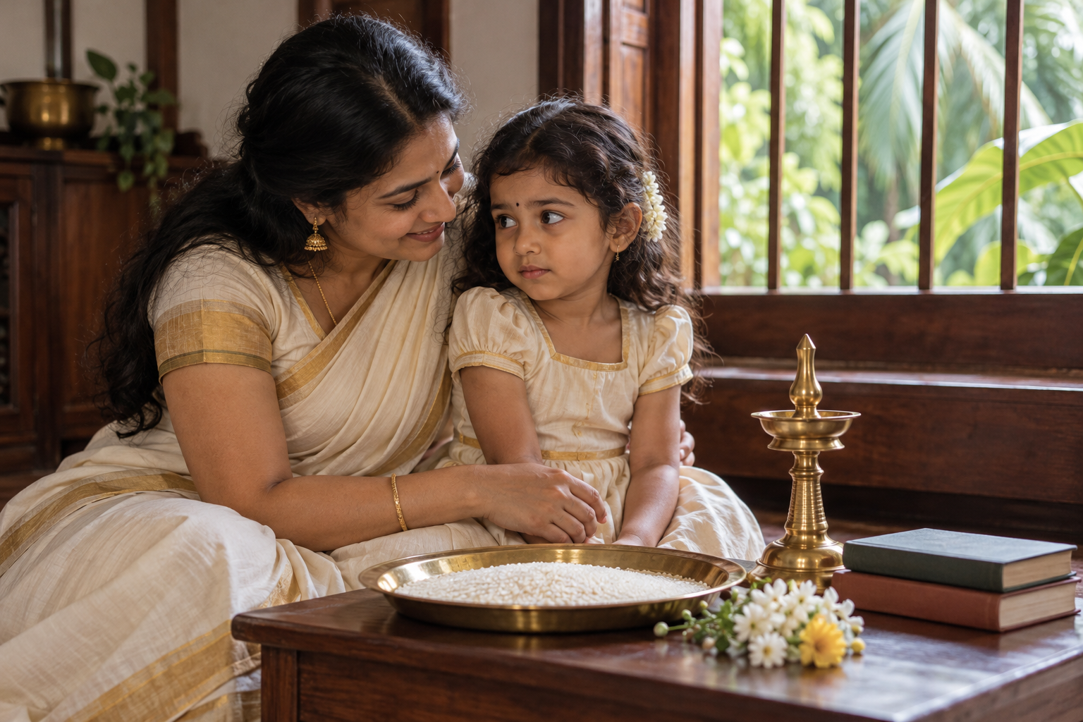 A parent reassures a young child beside a prepared rice tray, flowers, lamp, and books before Vidyarambham.