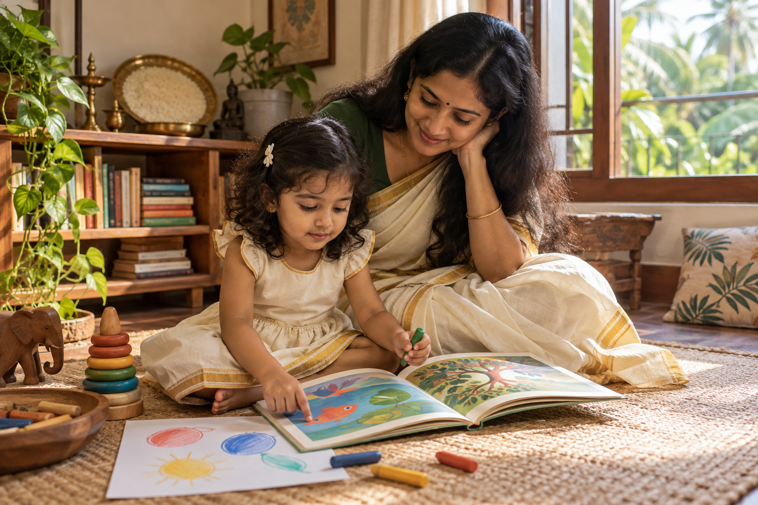 A young child explores a picture book and draws beside a parent in a sunlit Kerala home.