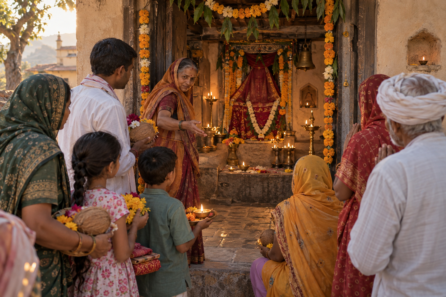 Worshippers carrying flowers, coconuts, lamps, and folded cloth gather respectfully at a small community-maintained goddess shrine.