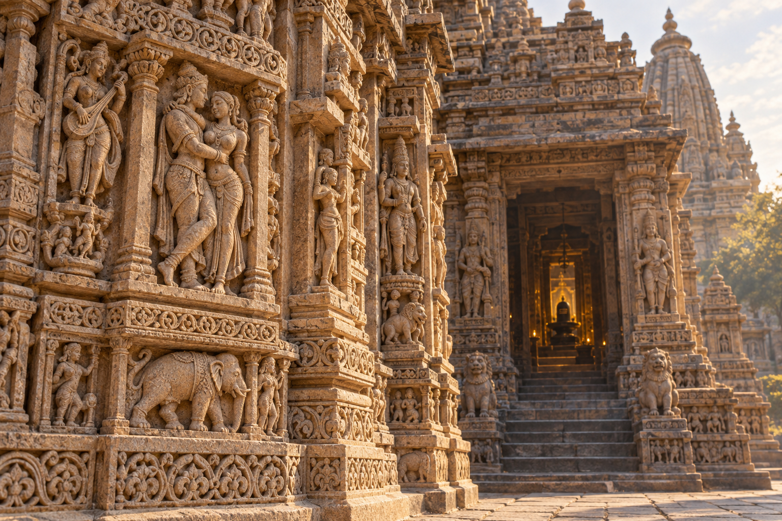 An erotic couple carved on the exterior of a sandstone Hindu temple appears among deities, musicians, animals, and ornamental reliefs, with a temple doorway visible beyond.