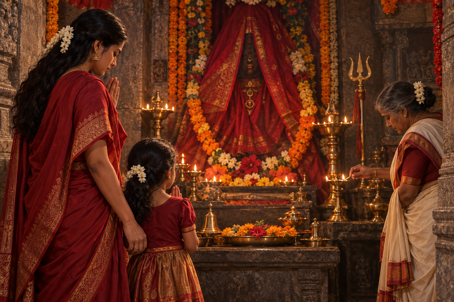 A mother and child pray near a veiled goddess shrine as an older woman tends an oil lamp beside flowers, red cloth, and a small trident.