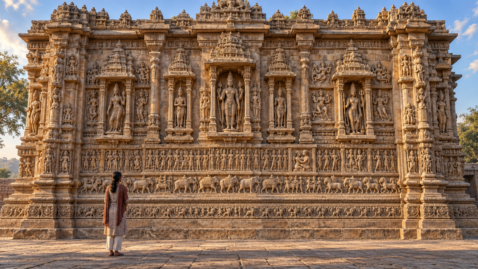 A visitor stands back from a richly carved temple facade where a small erotic panel forms one part of a much larger arrangement of sacred and everyday figures.