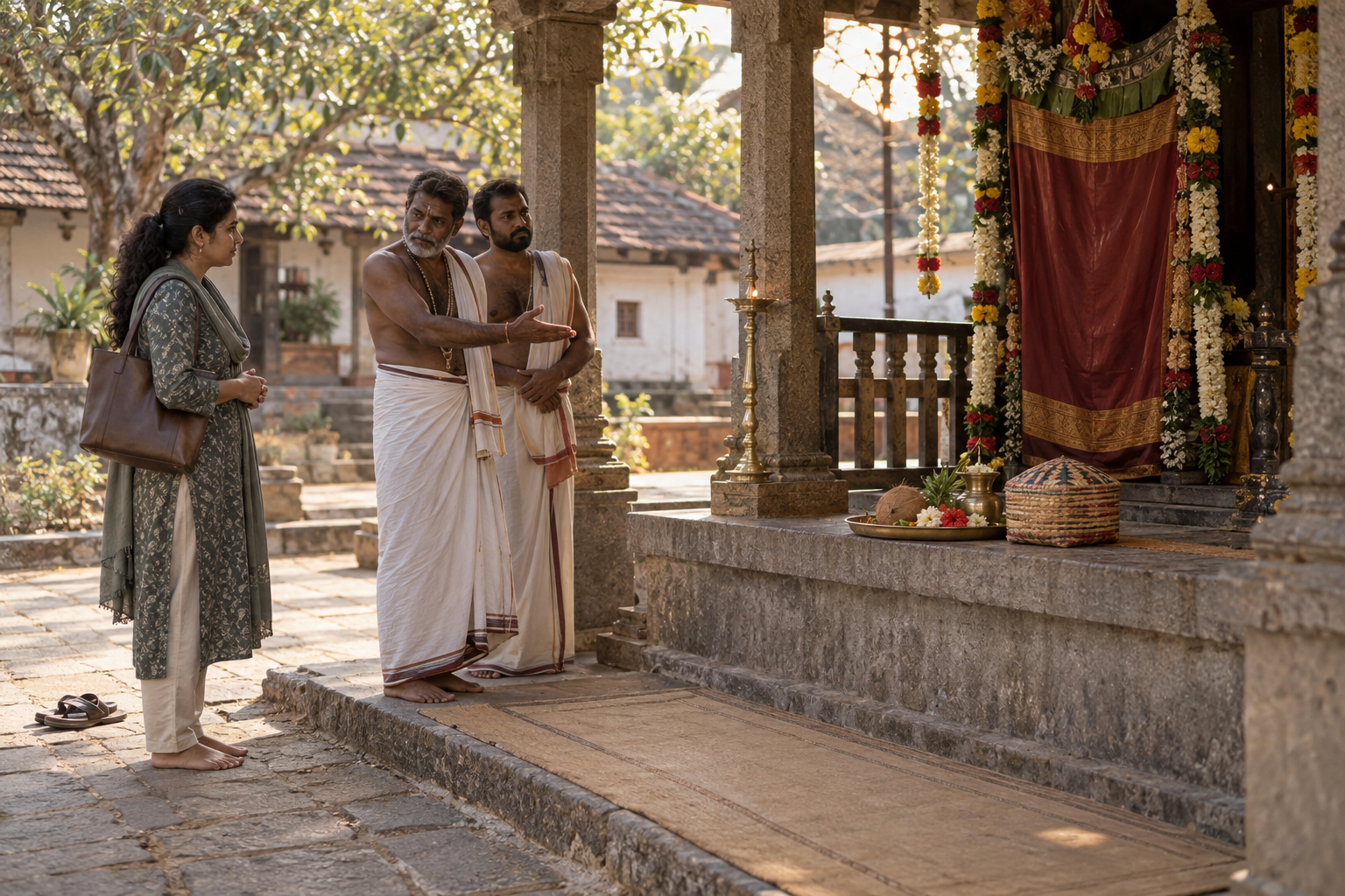 A visitor listens to two local ritual custodians at a shrine courtyard while simple offerings wait near the threshold and footwear remains outside.