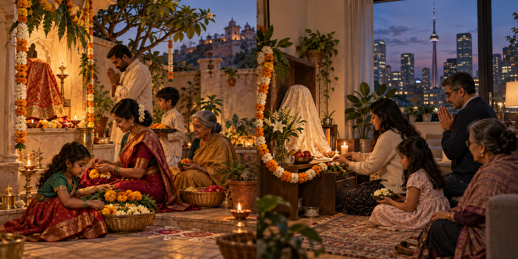 Families tend distinct goddess worship spaces in a western Indian courtyard and a Toronto home, connected visually by flowers and warm lamplight.