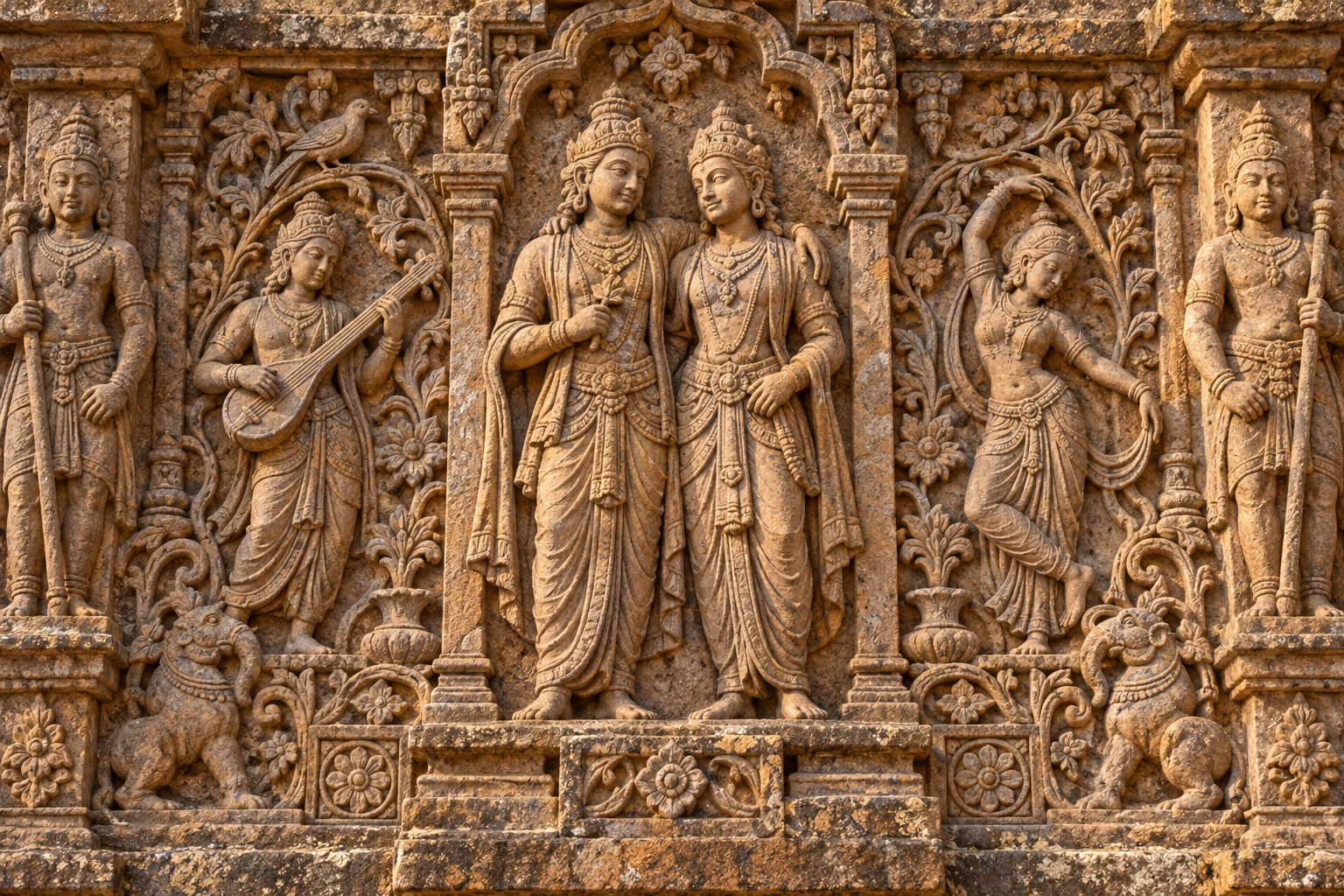 A weathered temple relief shows an embracing adult couple surrounded by a musician, dancer, guardian, bird, and carved foliage.