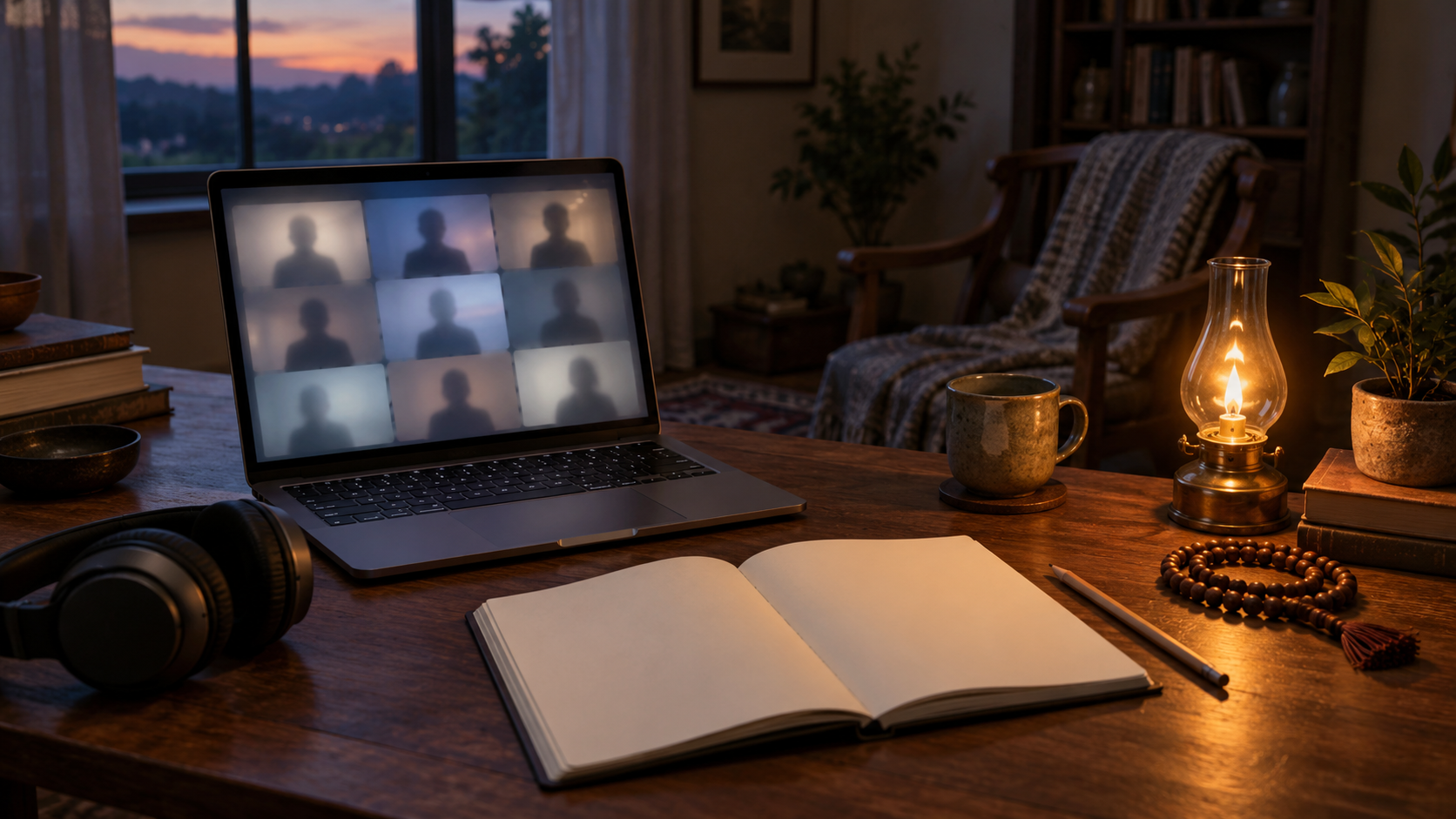 Laptop, headphones, blank notebook, meditation beads, and a small oil lamp arranged in a quiet study at dusk.