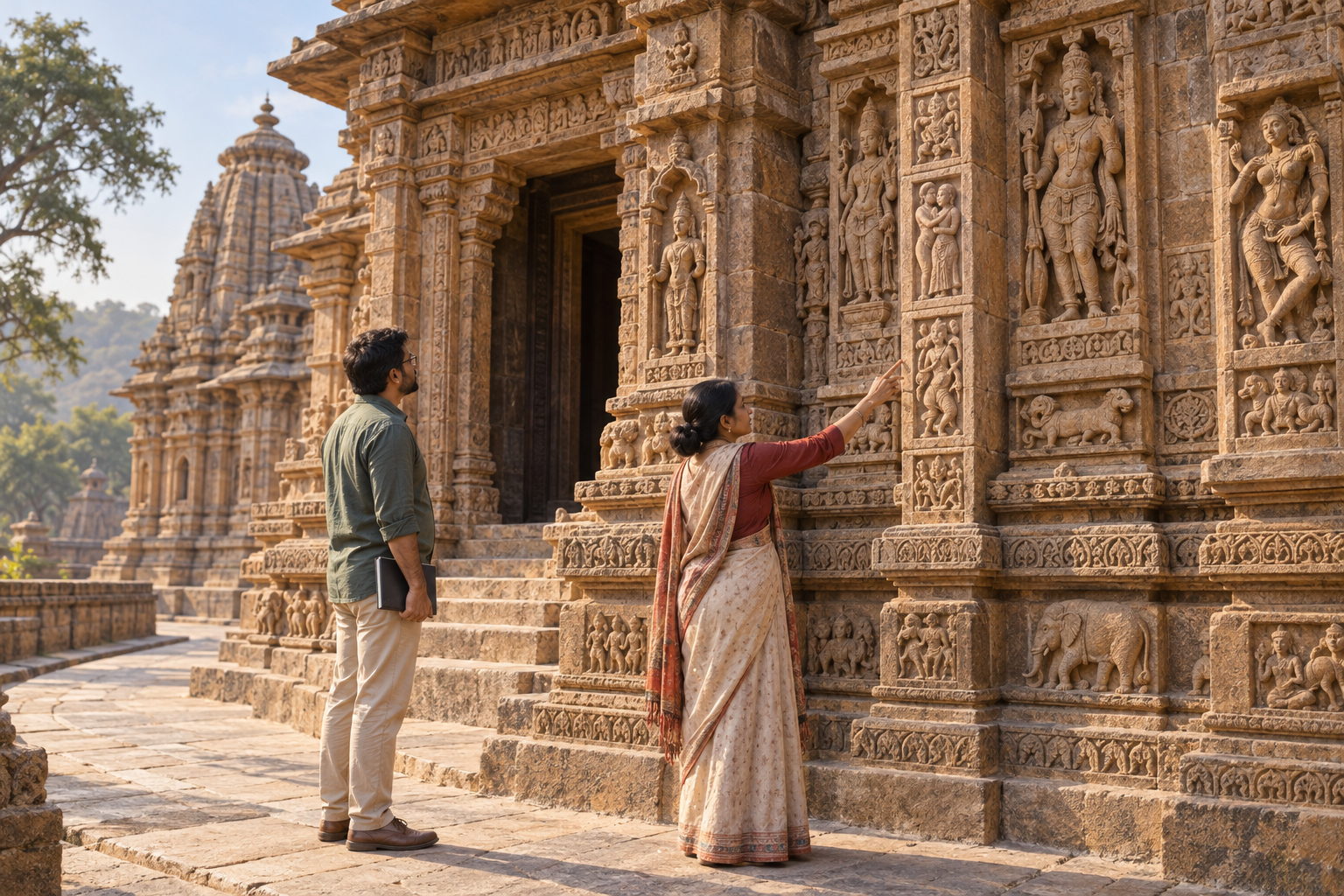 Two visitors examine the location of an intimate carved panel within a temple wall that also contains deity niches, dancers, animals, and decorative bands.
