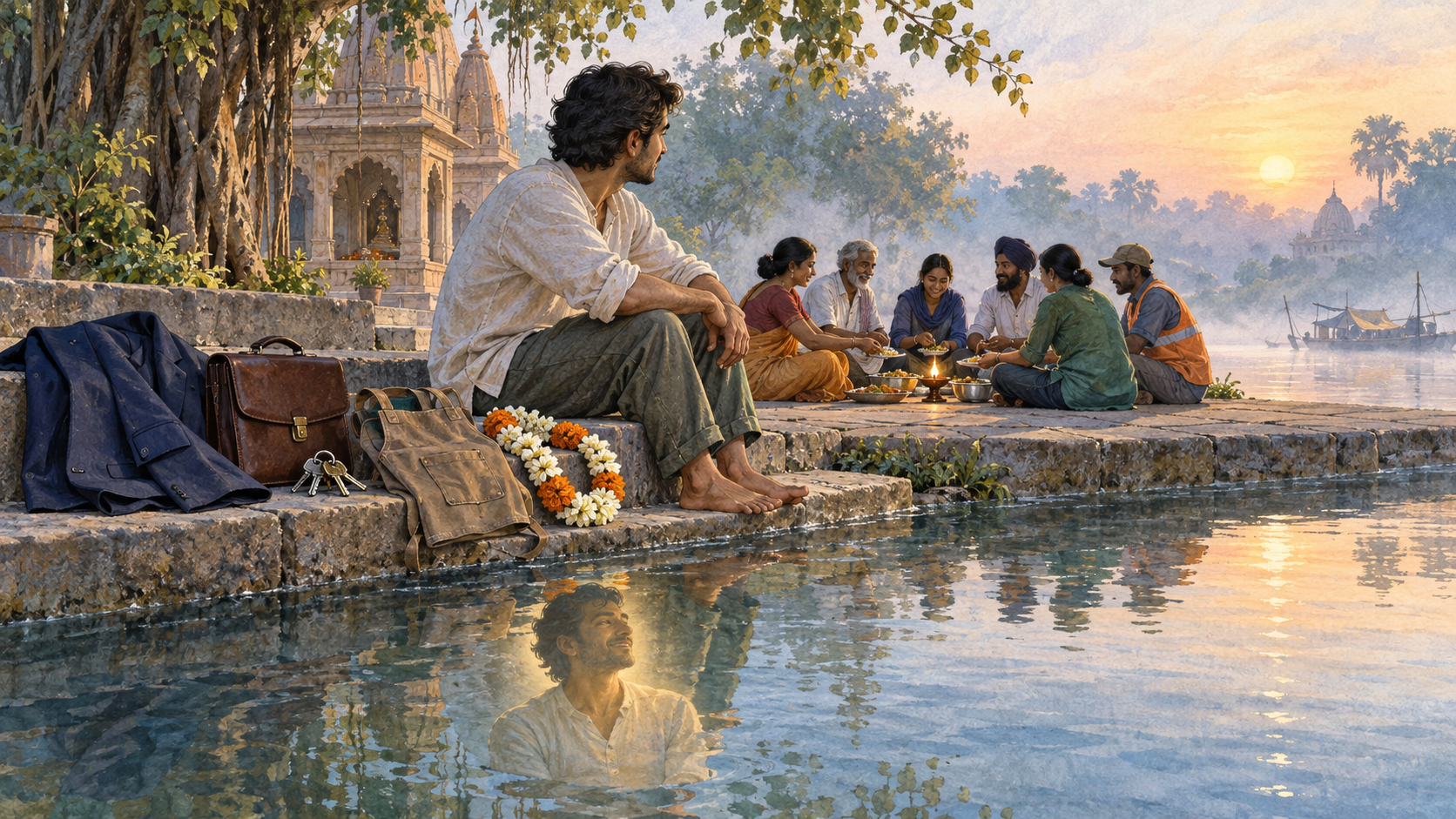A person sits beside a river after placing a jacket, briefcase, keys, apron, and flower garland on a stone step, while a diverse group shares food around a lamp in the distance.