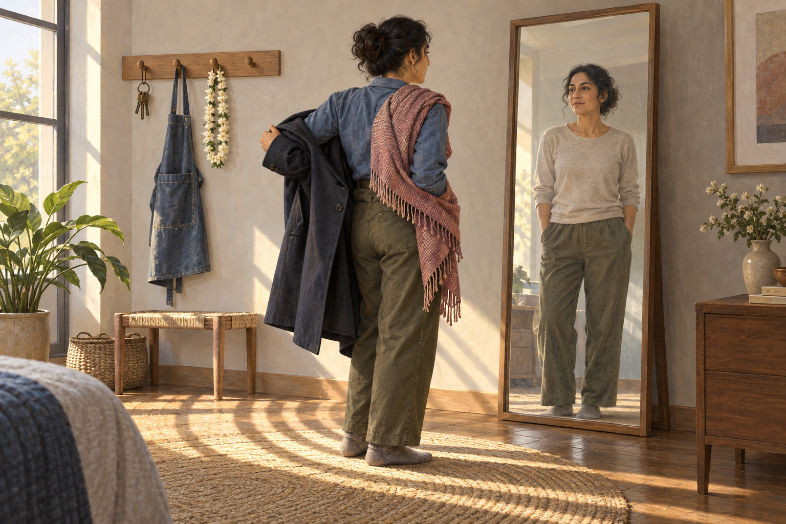 An adult removes a formal coat in front of a mirror, with keys, an apron, a shawl, and a flower garland arranged on nearby wooden pegs.