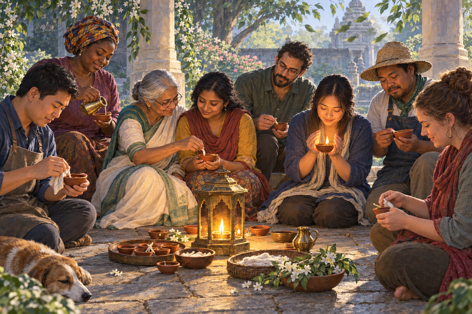 People seated together in a garden prepare clay oil lamps while an older participant helps adjust one lamp's wick beside a sheltered flame.