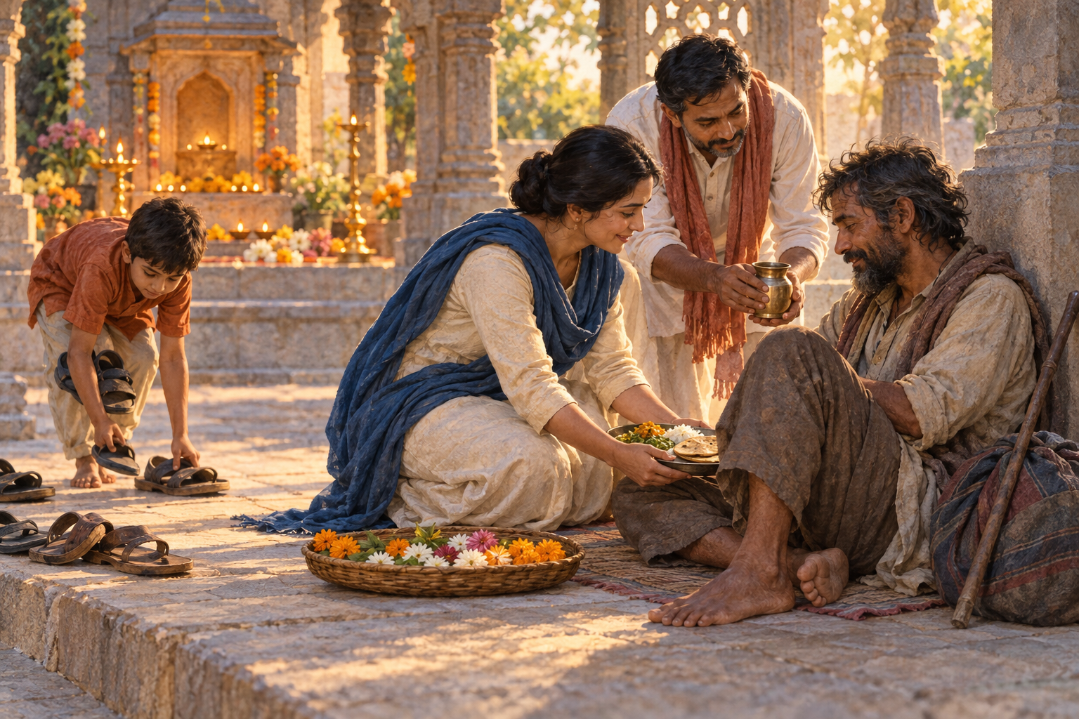 A worshipper kneels in a temple courtyard to serve food to a tired traveler as another person offers water and a child moves scattered sandals.
