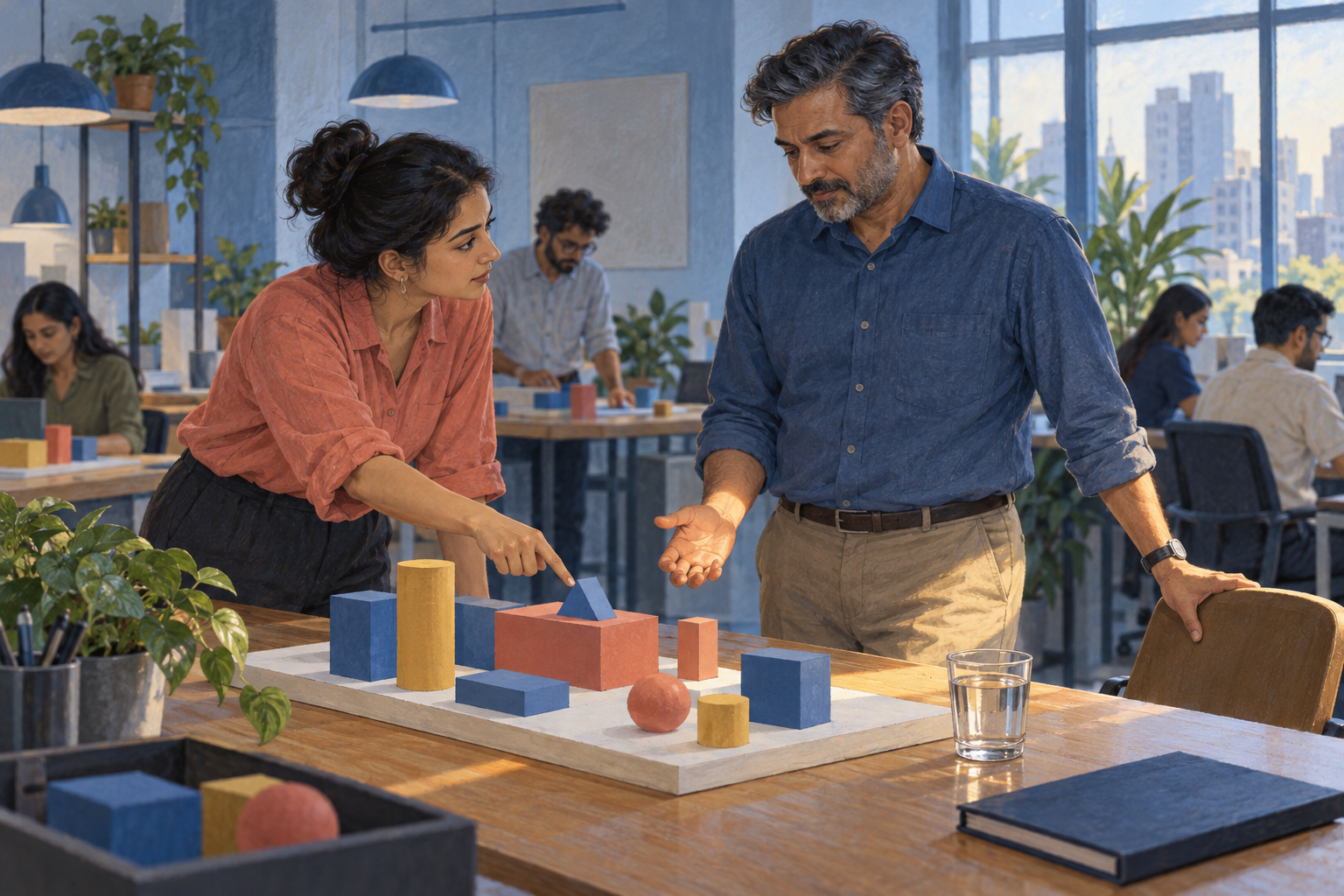 A seated senior colleague pauses with an open hand while a younger colleague points to a blank geometric model in a shared workplace.