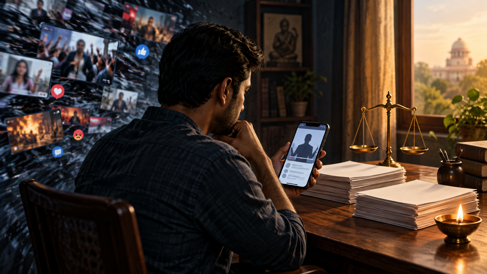 An anonymous Indian viewer pauses over a smartphone beside unmarked legal papers, a balanced brass scale, and a glowing oil lamp.