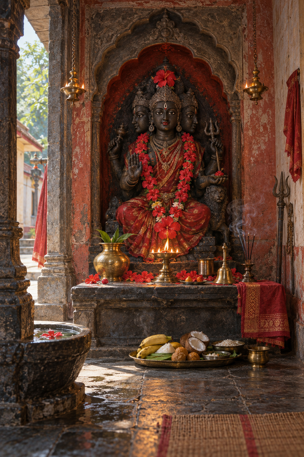 A three-headed goddess murti in a temple alcove surrounded by hibiscus flowers, an oil lamp, incense, a bell, red cloth, and ritual vessels.