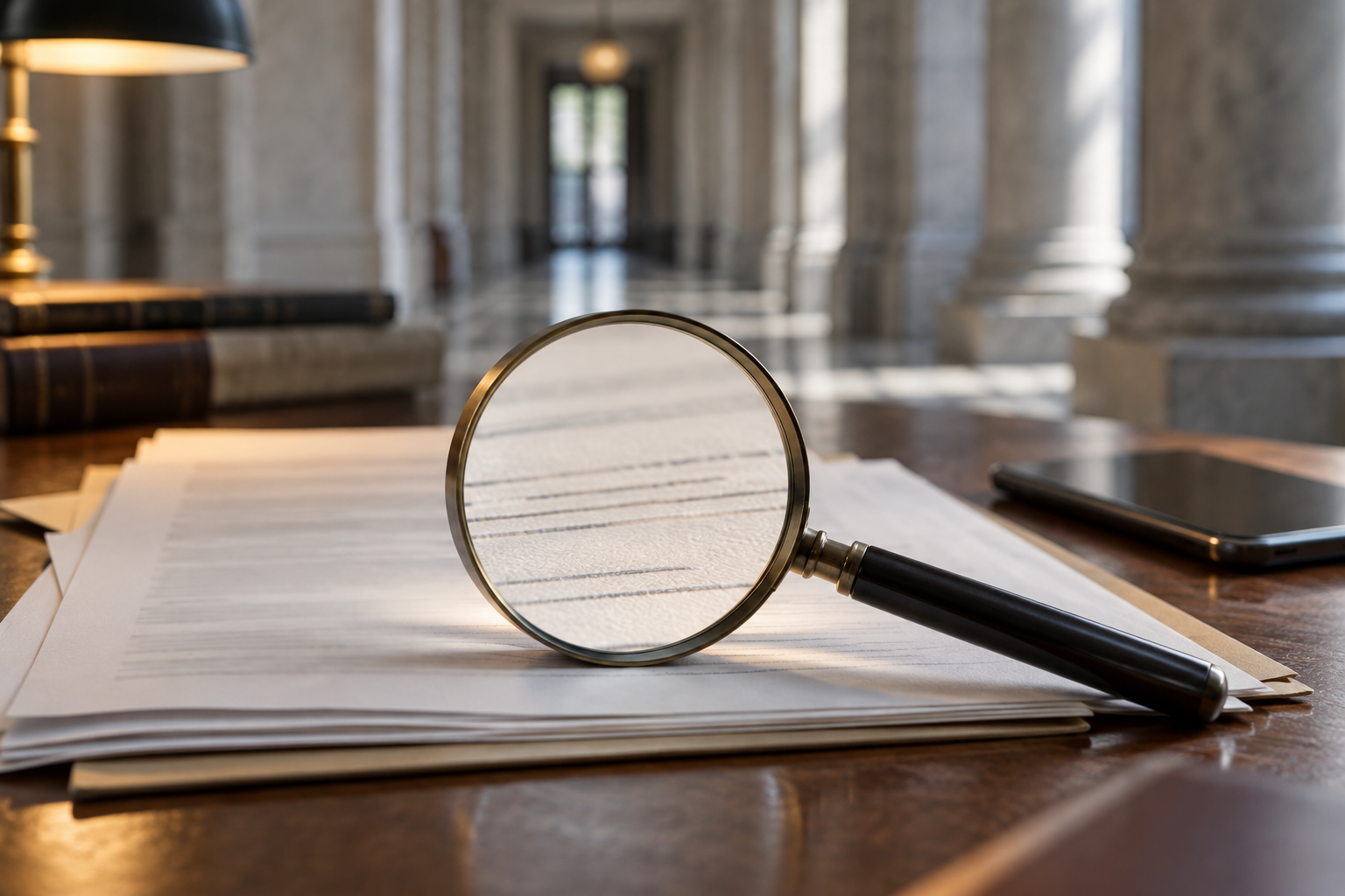 A magnifying glass isolates one portion of an unmarked document beside a smartphone, with a courthouse corridor blurred in the background.