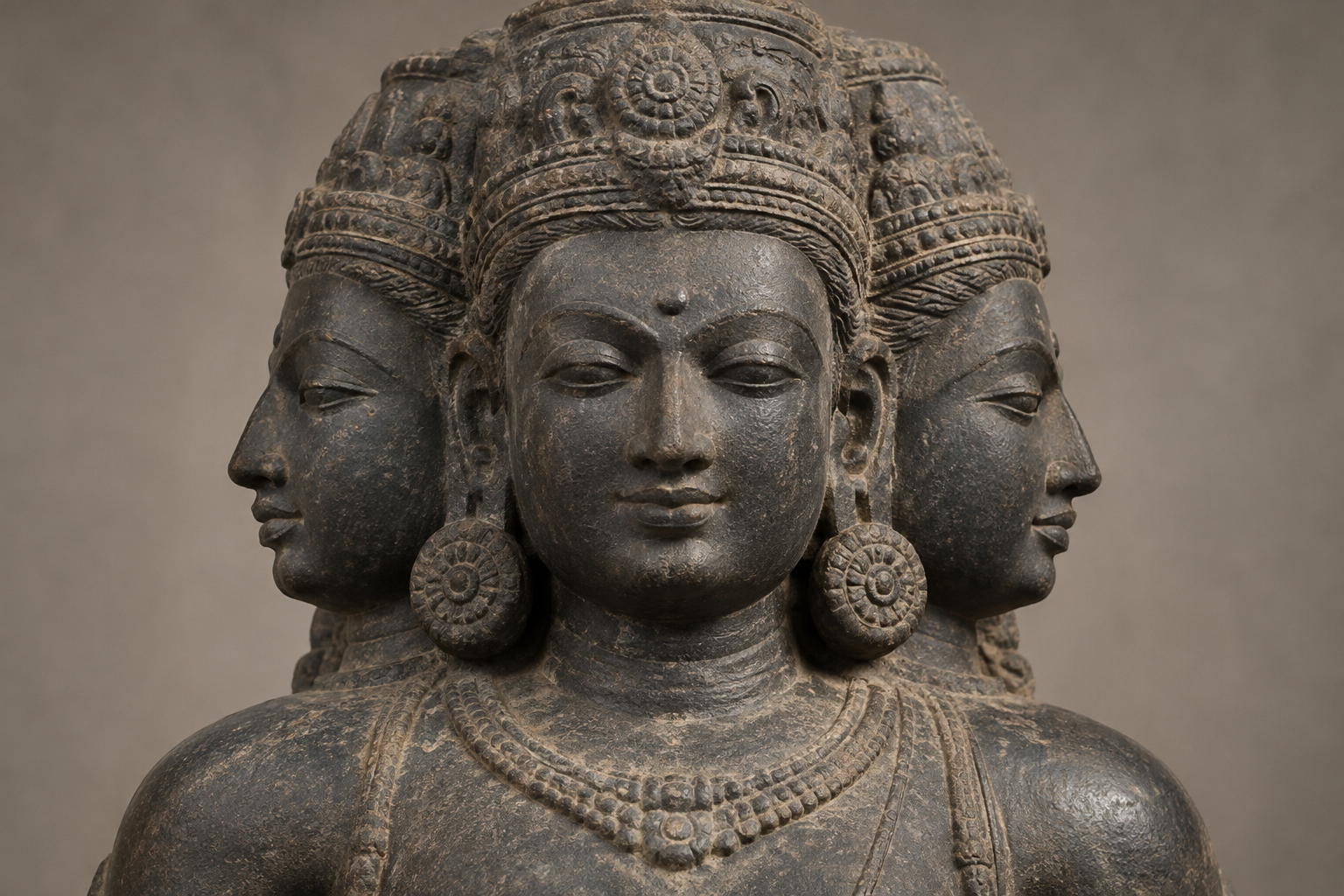 Close view of a dark stone goddess sculpture with one forward-facing head and two outward-turned side heads.