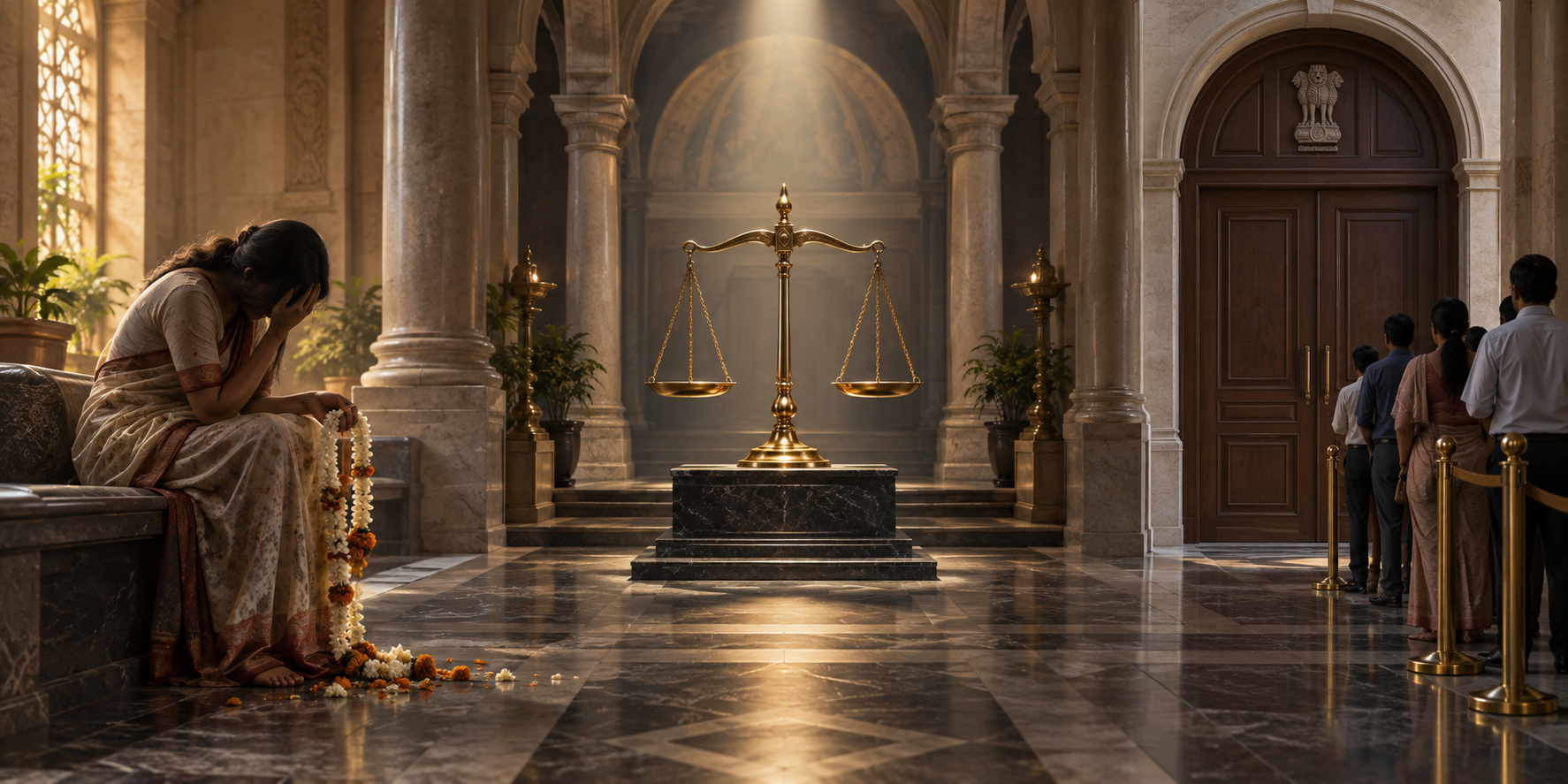 A distressed viewer with a damaged flower garland, a balanced scale, and an orderly courthouse queue occupy three connected parts of one scene.