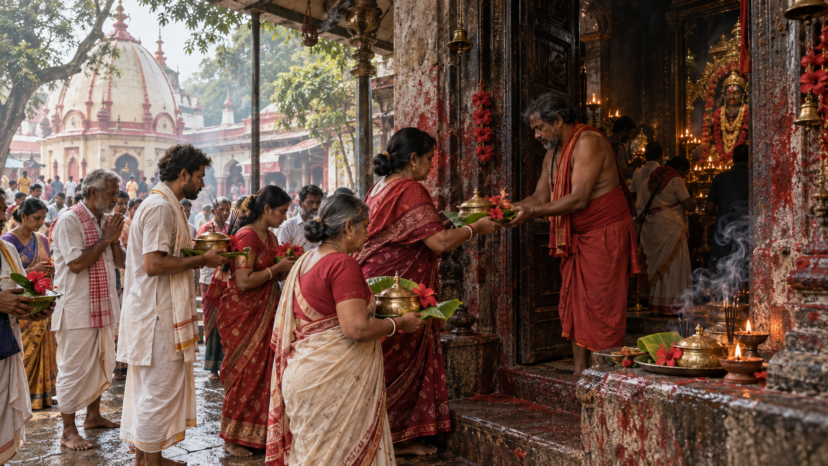 Devotees carrying hibiscus garlands, covered brass bowls, incense, and clay lamps toward a Shakta temple doorway in Tarapith.