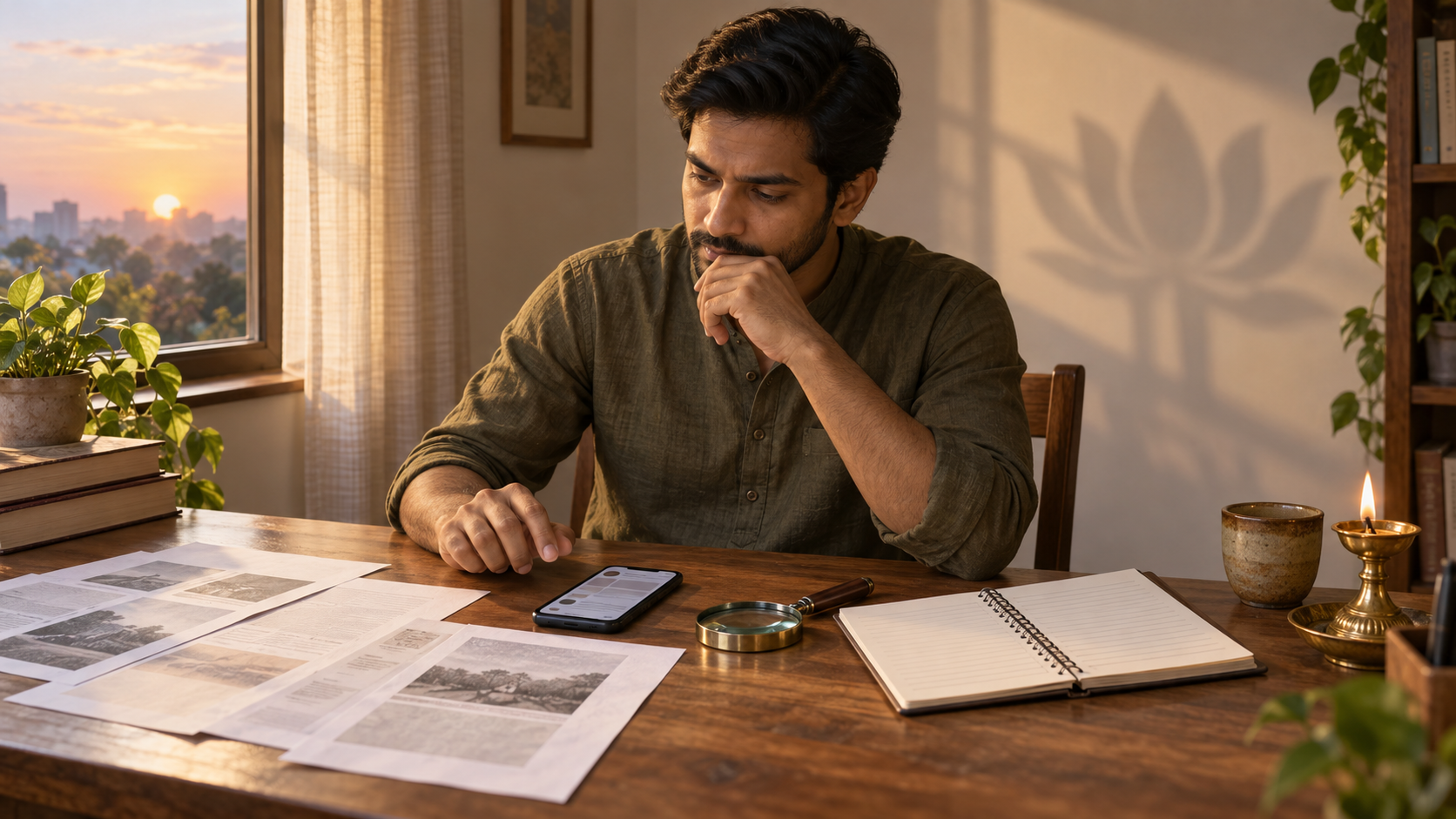 An anonymous Indian reader calmly checks a smartphone against unmarked source pages beside a magnifying glass and a brass oil lamp.