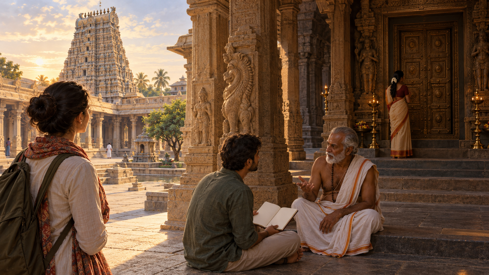 Visitors observe a temple courtyard, speak with an elder practitioner, and pause respectfully outside a closed inner shrine.