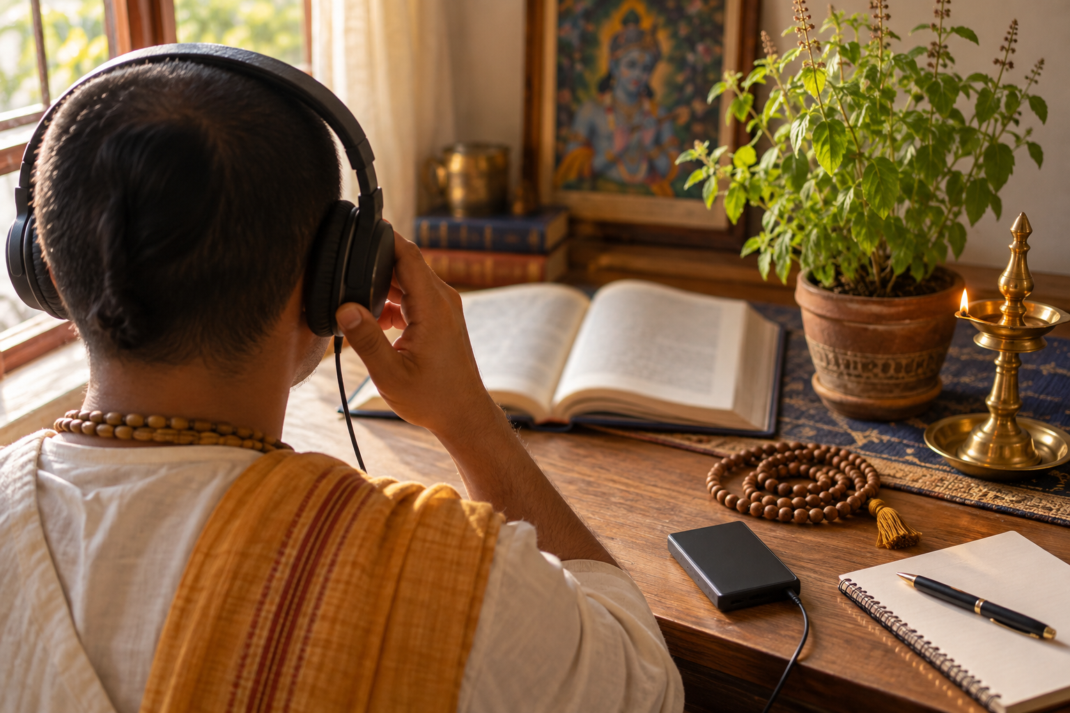 A practitioner sits at a sunlit desk with an open scripture, japa beads, a notebook, headphones, a tulasi plant, and an oil lamp.